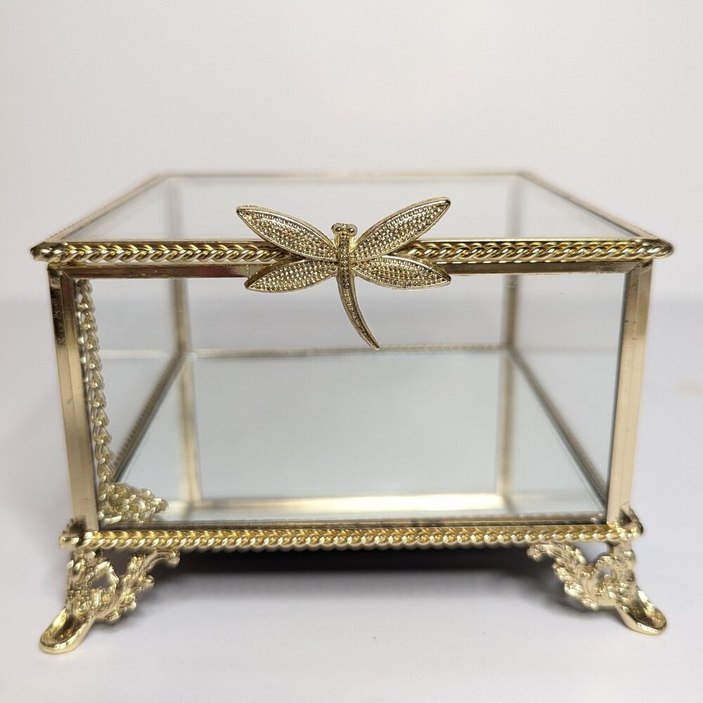 Rachel Ashwell Gold Glass and Mirror Trinket Jewelry Box with Dragonfly Accent